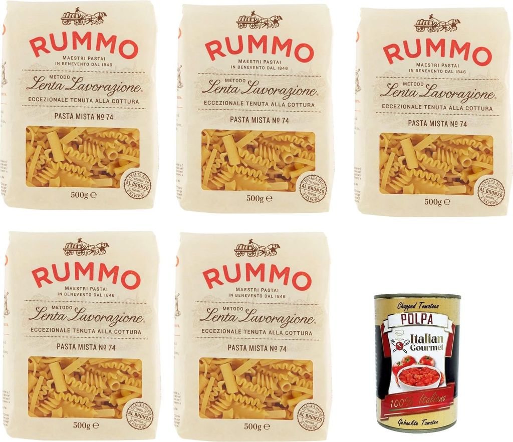 Rummo Pasta Mista n° 74 Pasta Lenta Lavorazione Teigwaren aus Hartweizengrieß Bronze-Zeichnung 5x 500g + Italian Gourmet polpa 400g