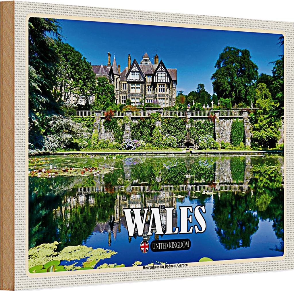 Holzschild Reise 30x20cm Wales United Kingdom Bodnant Garden