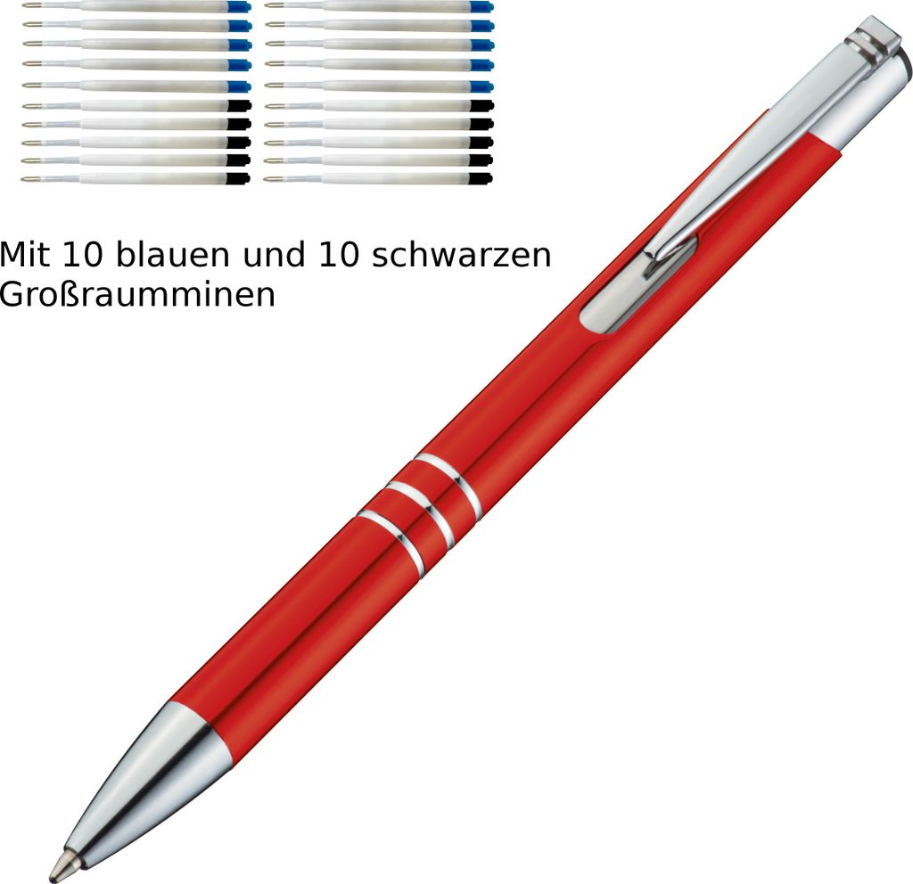 10 Kugelschreiber aus Metall / je 10 schwarze + blaue Minen / Farbe: rot