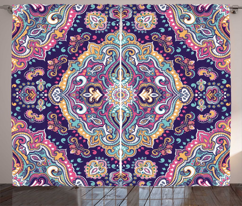 ABAKUHAUS Ethnisch Rustikaler Vorhang, Boho Bunte, Wohnzimmer Universalband Gardinen mit Schlaufen und Haken, 280 x 245 cm, Mehrfarbig