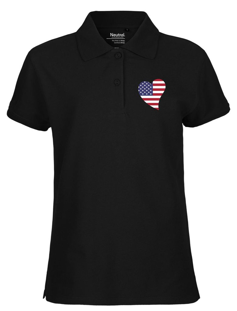Huuraa Damen Polo Shirt USA Flagge Herz XXL Black Bio Baumwolle Fairtrade Poloshirt Geschenkidee