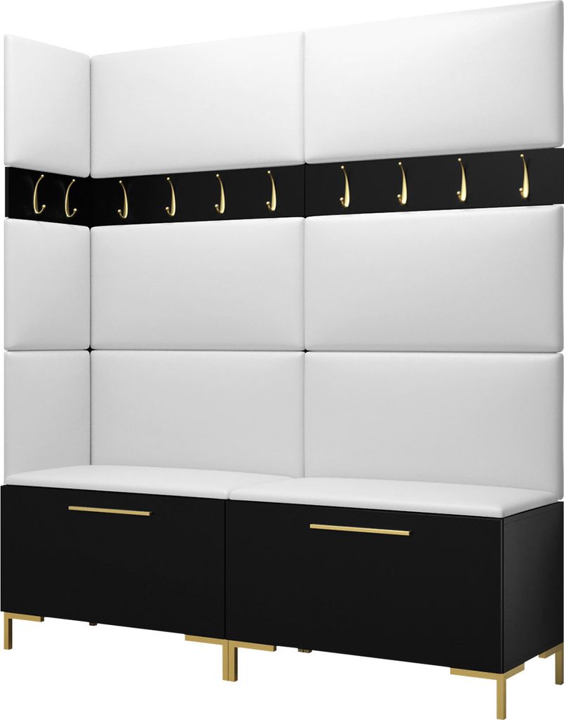 MIRJAN24 Garderoben-Set Zilion V, Garderobe mit 8 Stück Gepolstertes Wandpaneel Pag 84x42 und 3 Stück 42x42 (Schwarz + Gold, Soft 017)
