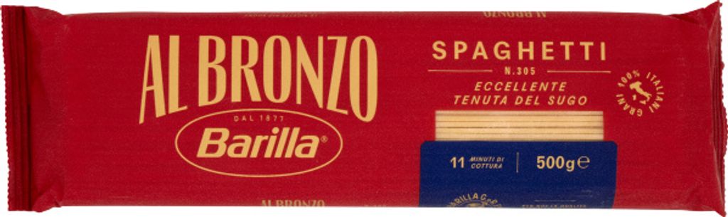 A package of Barilla Spaghetti Bronzo pasta.