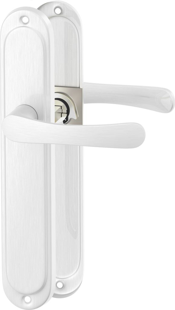 A pair of white door handles with a silver lock mechanism, presented against a white background.