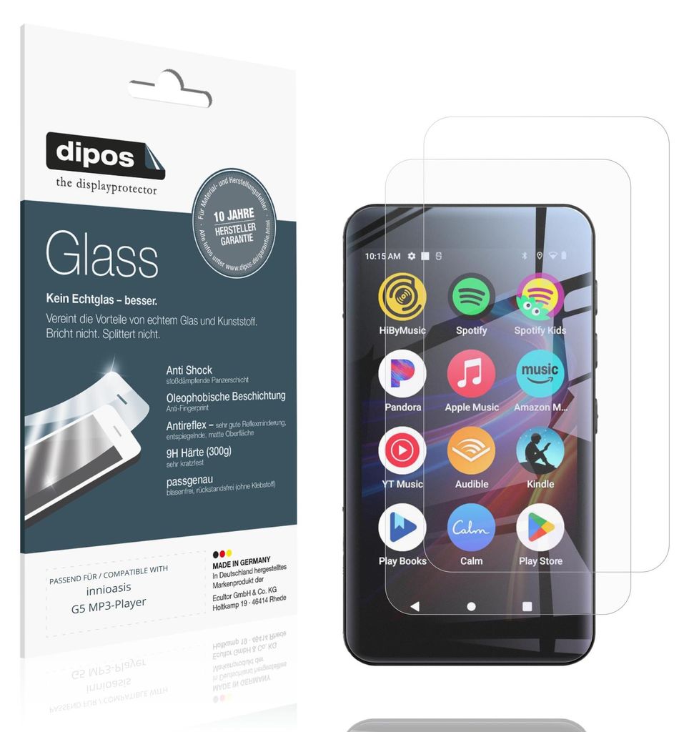 2x Schutzfolie für innioasis G5 MP3-Player matt - Anti-Shock 9H Folie dipos Glass Kunststoffglas