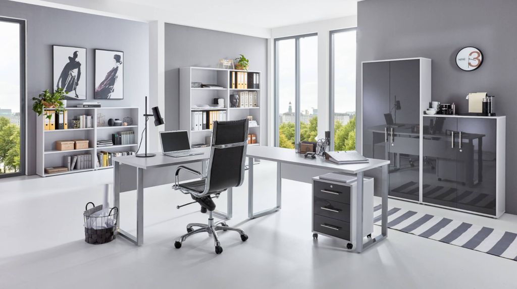 Büromöbel-Set TABOR PRO 6 in lichtgrau / anthrazit Hochglanz, Arbeitszimmer Komplett-Set