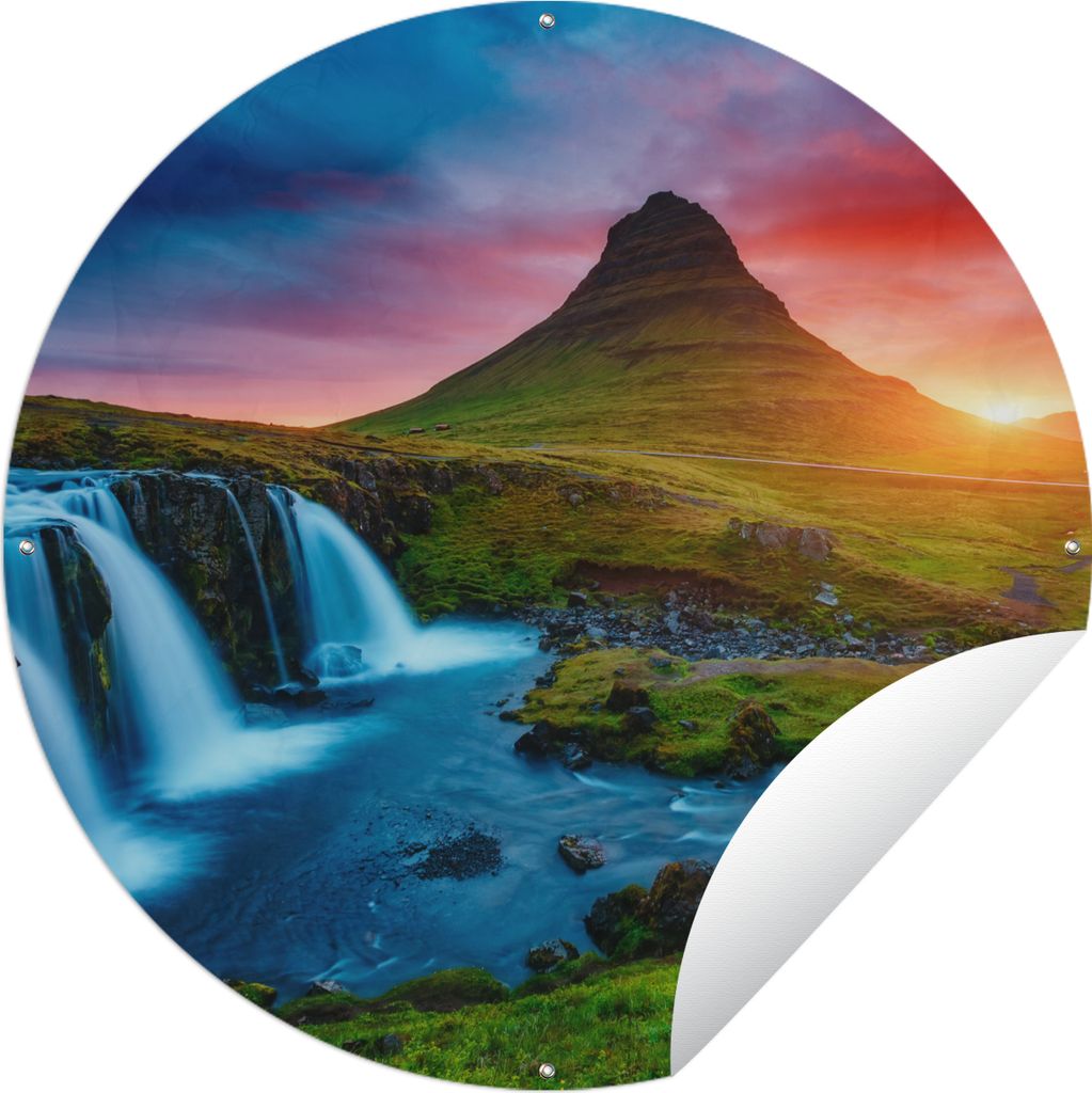 MuchoWow Gartenposter Outdoor-Poster Rund Wasserfall - Berg - Moos - Sonnenuntergang - Natur Ø 150 cm Gartendeko Rundes Poster draußen