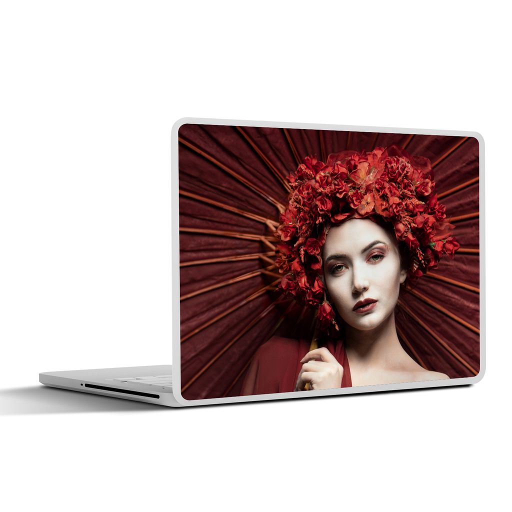 MuchoWow Laptop Aufkleber Sticker Cover Frau - Rot - Porträt - Regenschirm 25x18 cm - Laptop-Deko