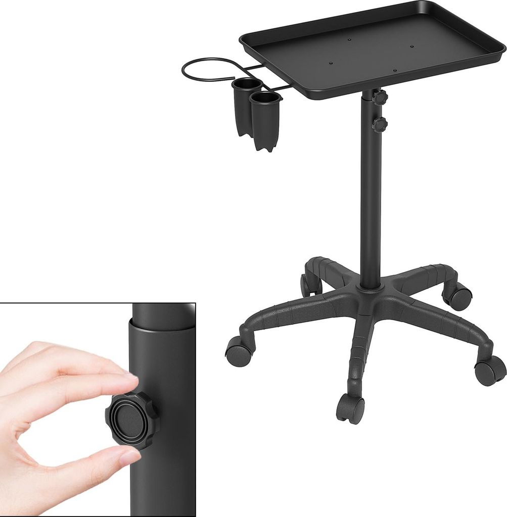 A black salon trolley with a tray and two holders, shown on a white background. A close-up inset shows a hand adjusting a knob on the trolley's pole.