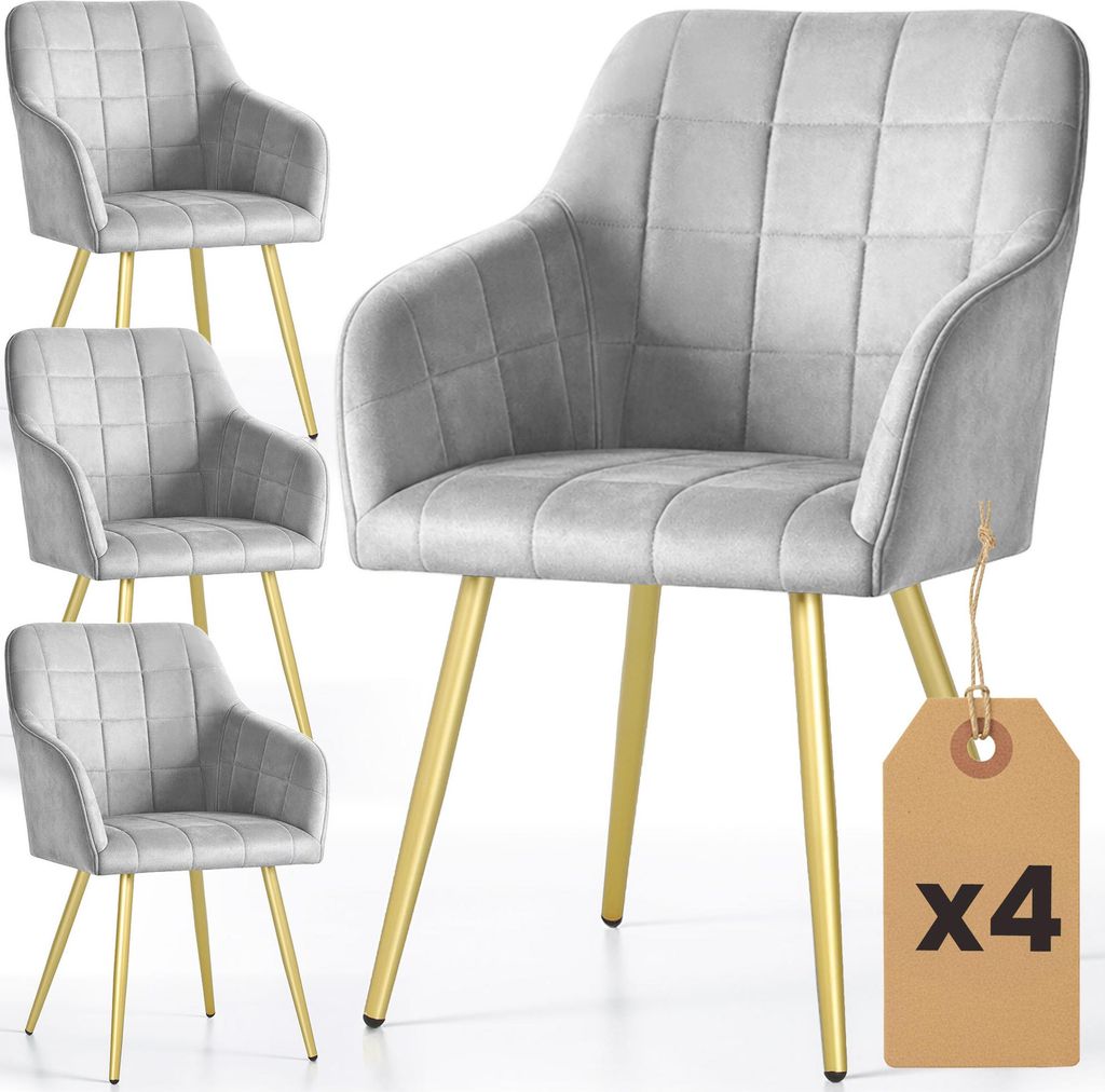 4er Set Polsterstühle mit quadratischen Ziernähten LUXANO Grau mit goldenen Beinen