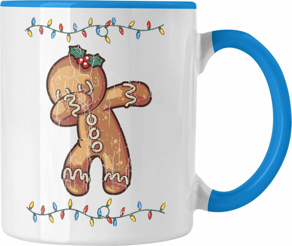 Trendation - Weihnachten Tasse Lebkuchenmann für Kinder Weihnachtstasse Lustig Geschenk Becher Jungs Jungen Mädchen Cute Lebkuchen Grafik (Blau)
