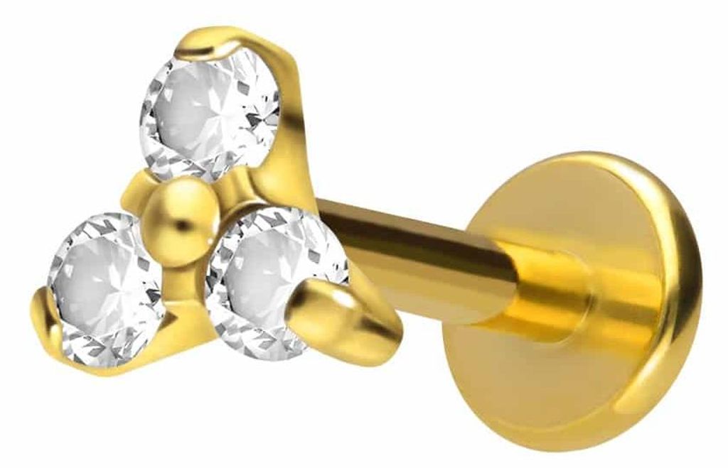 Ohrpiercing, Nasenpiercing Titan Labret mit Innengewinde KRISTALLBLUME Gold Stablänge: 8mm | Stabstärke: 1,6mm | Discgröße: 4,5mm