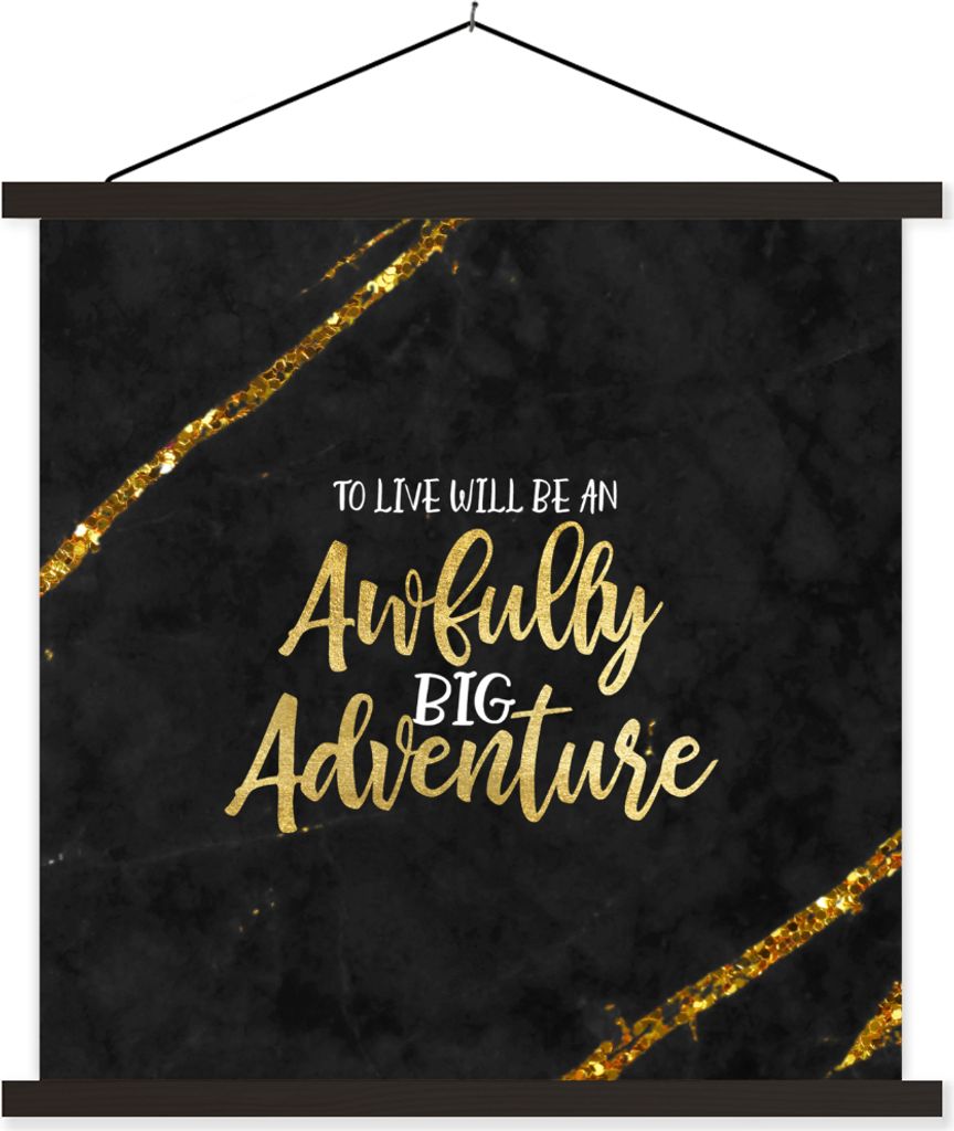 MuchoWow Textilposter Zitate - Abenteuer - Gold - Glitzer 90x90 cm mit schwarzem Rahmen - Magnetisches