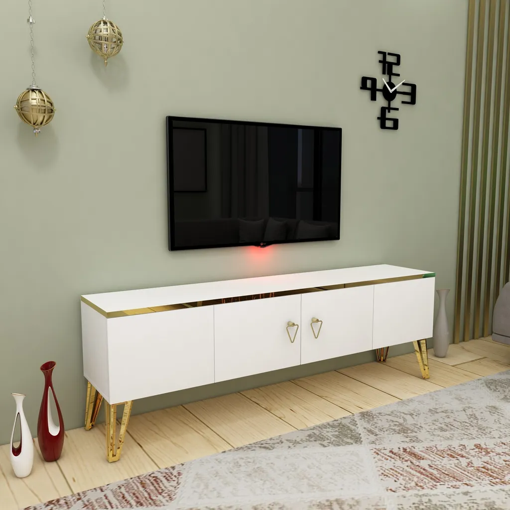 Banc TV Blanc et Doré Caprice - Mobilier de Salon Élégant 150 cm Skye