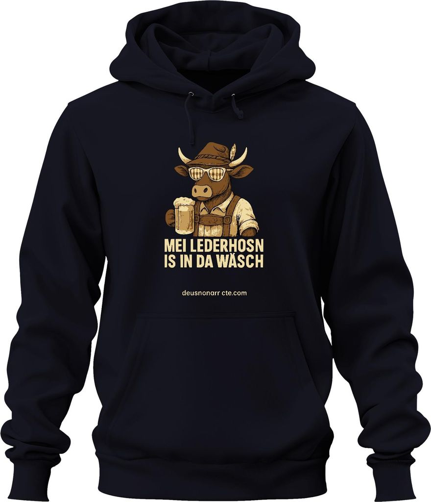 Mei Lederhosn is in da Wäsch mal wieda Bier Kuh Alpen Uni Hoodie Kapuzenpullover, Navy, S