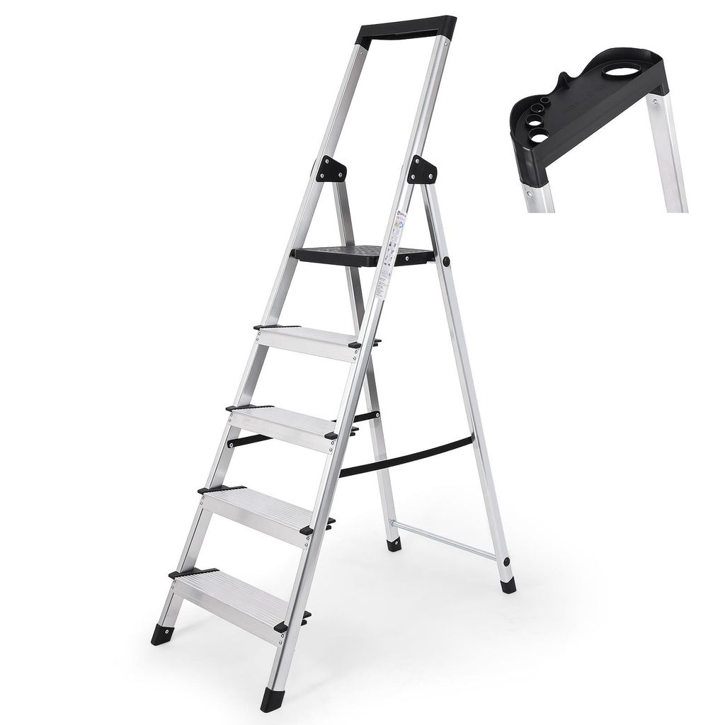 SEKEY Trittleiter 5 Stufen Klappbar – Aluleiter mit 12 cm XXL Trittstufen, Werkzeugschale, Klappsicherung