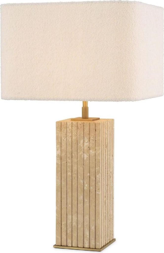 Casa Padrino Luxus Tischleuchte Beige / Antik Messing / Creme 35 x 35 x H. 63 cm - Travertin Schreibtischleuchte mit quadratischem Lampenschirm - L...