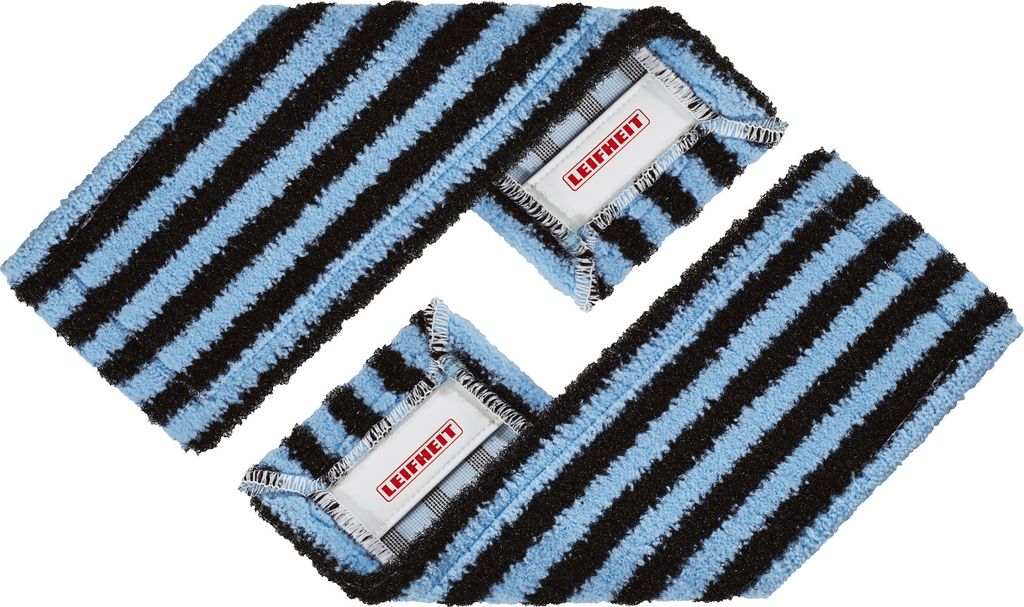 Two blue and black striped mop heads are shown against a white background.