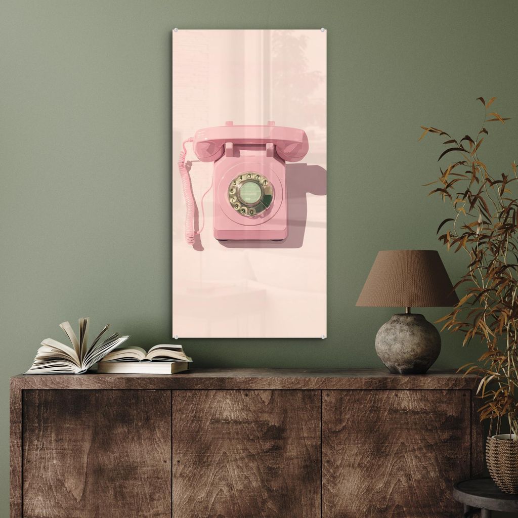 MuchoWow Glasbilder - Bilder auf Wandbild - Foto auf Glas Drehbares Telefon - Retro - Rosa 40x80 cm Wanddekoration aus Glas - Acrylglasbild - Acryl...