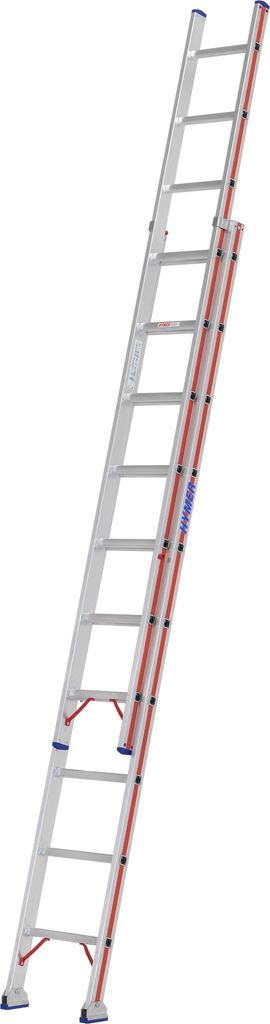 Hymer Schiebeleiter, zweiteilig, 2x10 Sprossen, Länge 2,97 / 4,93 m, Reichhöhe 5,92 m, Gewicht 11,3 kg