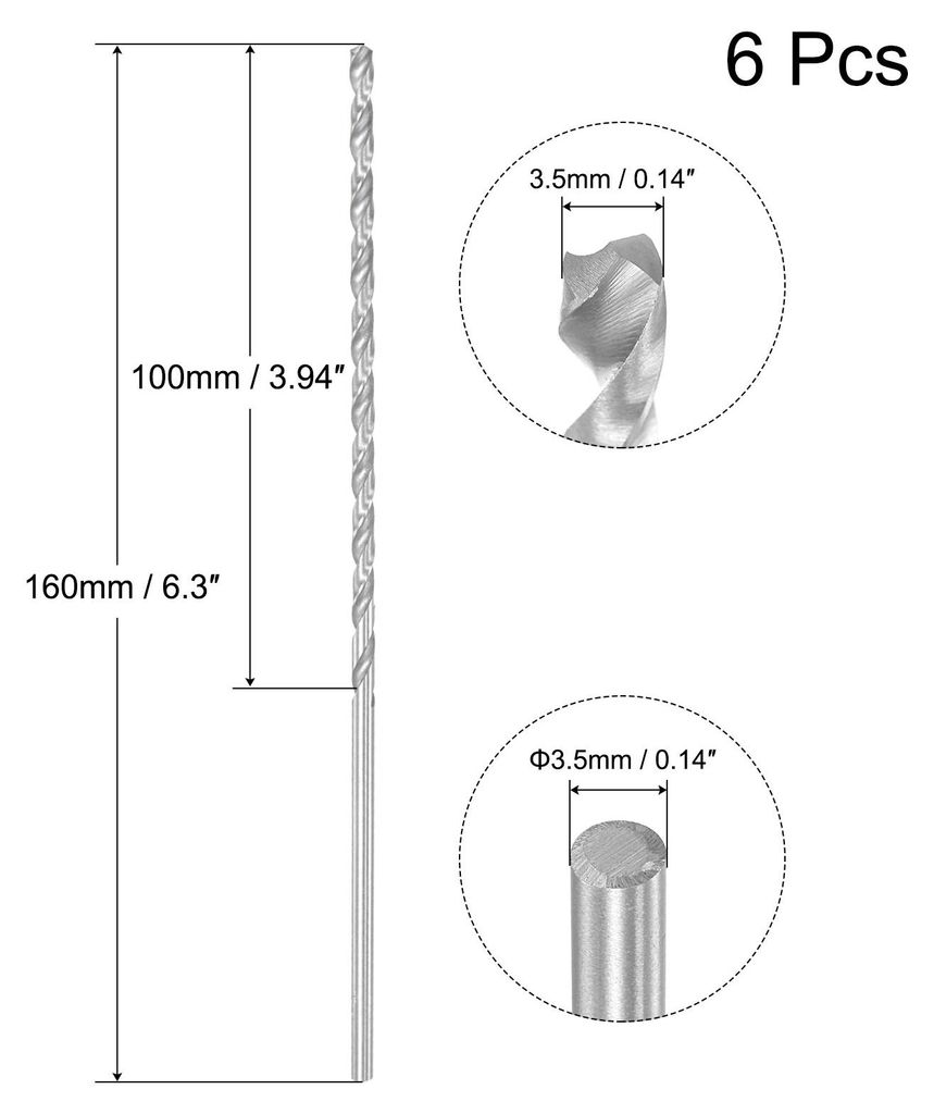 6 Stk. HSS Spiralbohrer (Hoch schnell Stahl) extra lange Spiralbohrer 3.5mm Durchmesser 160mm