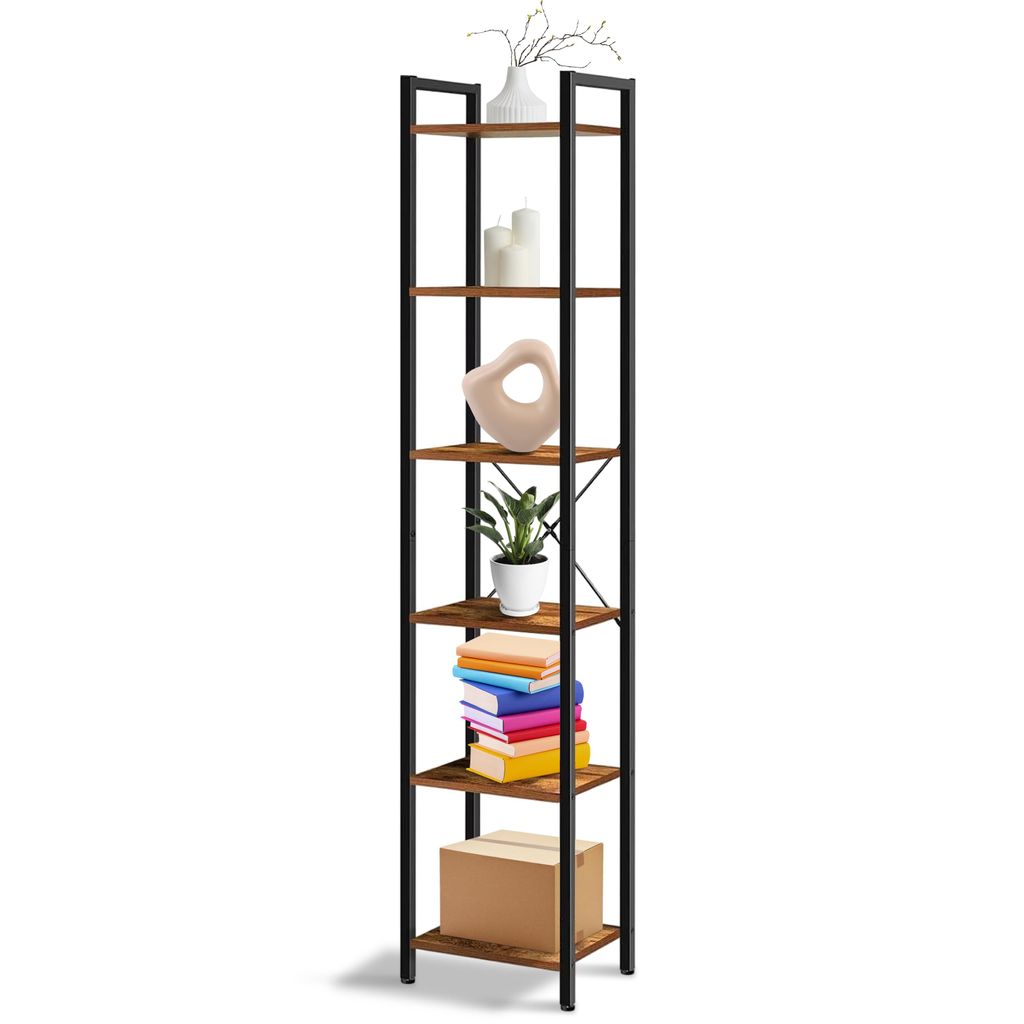 IvoQ Industrielles Bücherregal – Schmales 6-Etagen Standregal (187 cm) – Metall & Rustikholz – Stabil, Platzsparend & Stilvoll