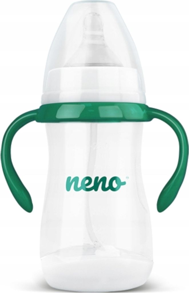 A clear studio shot of a baby bottle with green handles.