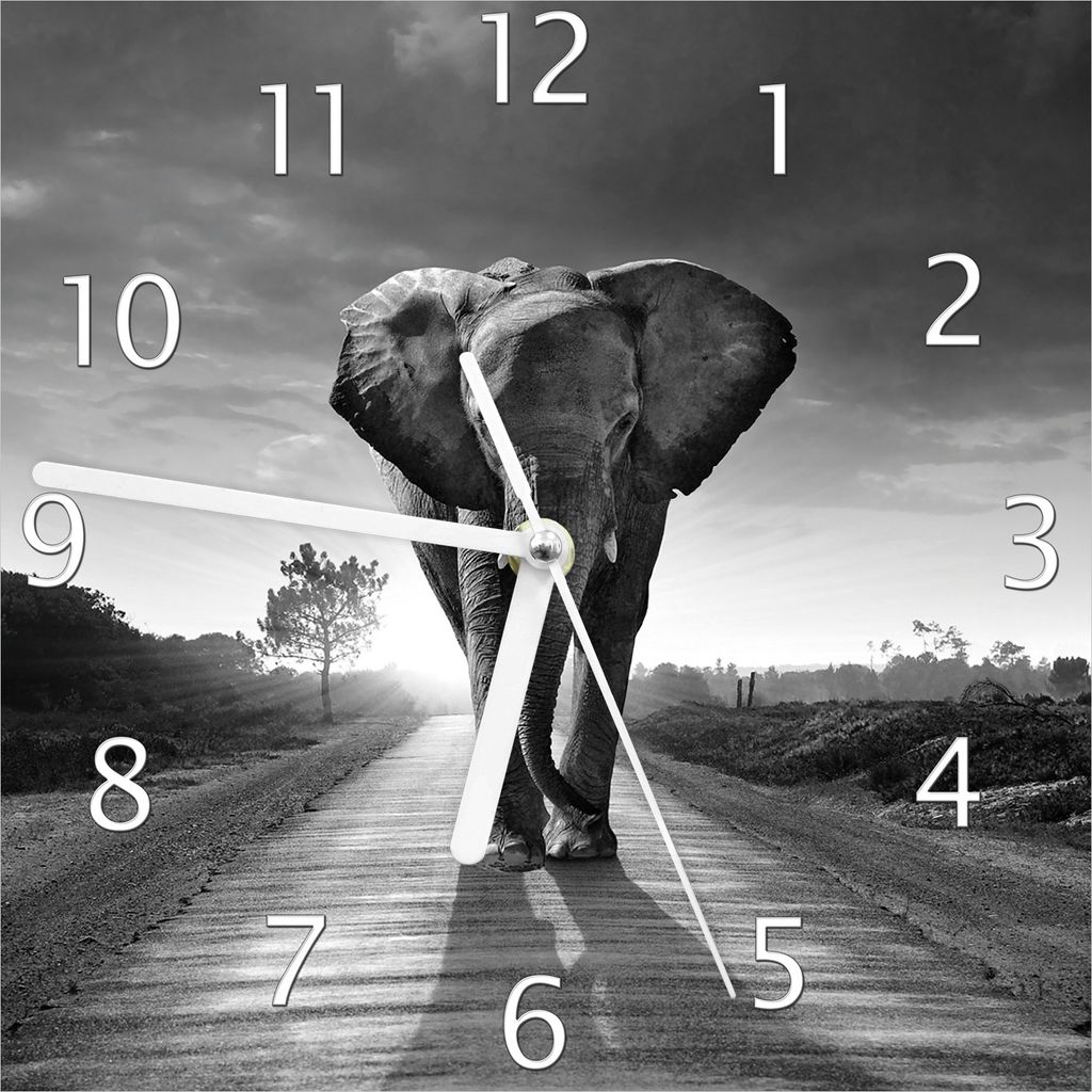 Wallario Design Wanduhr Elefant bei Sonnenaufgang in Afrika Produktbild 