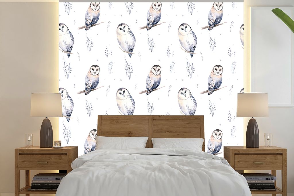 MuchoWow Fototapete für Wohnzimmer oder Schlafzimmer Wandtapete Vinyl Motivtapete Winter - Muster - Eule - 260x260 cm - Papiertapeten