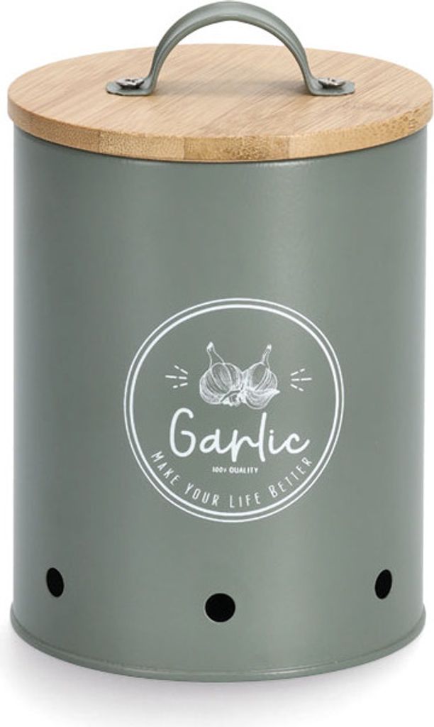 A gray metal garlic storage container with a bamboo lid and a white graphic on the front.