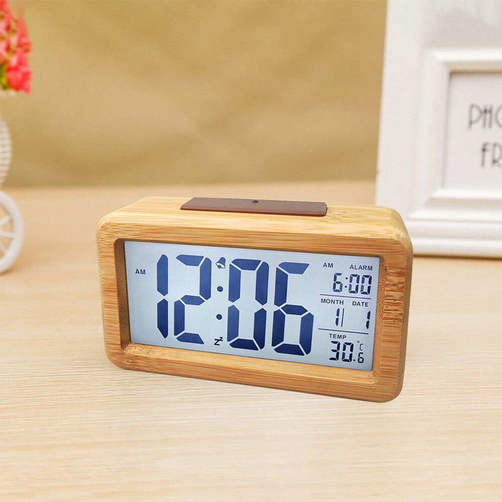 Digital-Wecker in Holzoptik Würfelform B Bambus Weiss LED Alarmwecker Woode Uhr 
