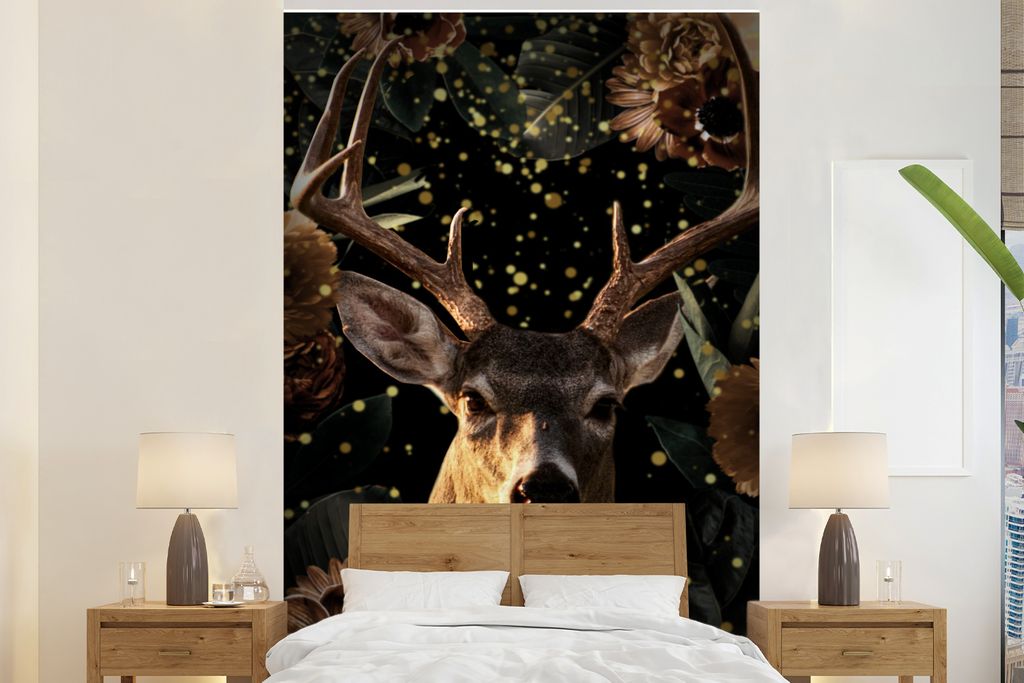 MuchoWow Fototapete für Wohnzimmer oder Schlafzimmer Wandtapete Vinyl Motivtapete Hirsche - Blumen - Gold - 195x300 cm - Das Hintergrundbild
