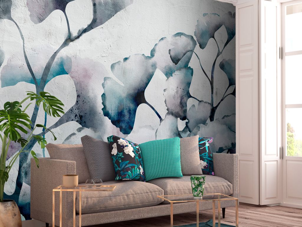 Vlies Fototapete Abstrakt 300x210 cm Tapeten Wandtapete XXL Blätter Blumen grau blau wie gemalt b-A-0760-a-a