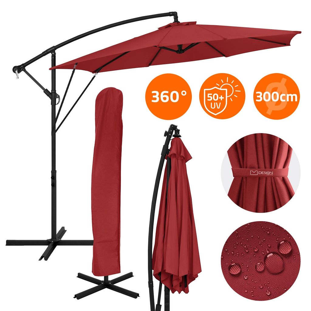 ML-Design Ampelschirm Ø 300 cm Rot Alu Sonnenschirm mit Kurbel, Abdeckung & Ständer UV50+ Sonnenschutz & wasserabweisend 360° drehbar & neigbar