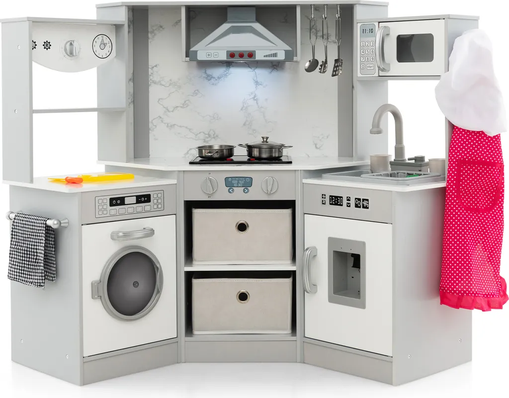 Cuisine enfant bois avec effets sonores, lumière et machine à laver