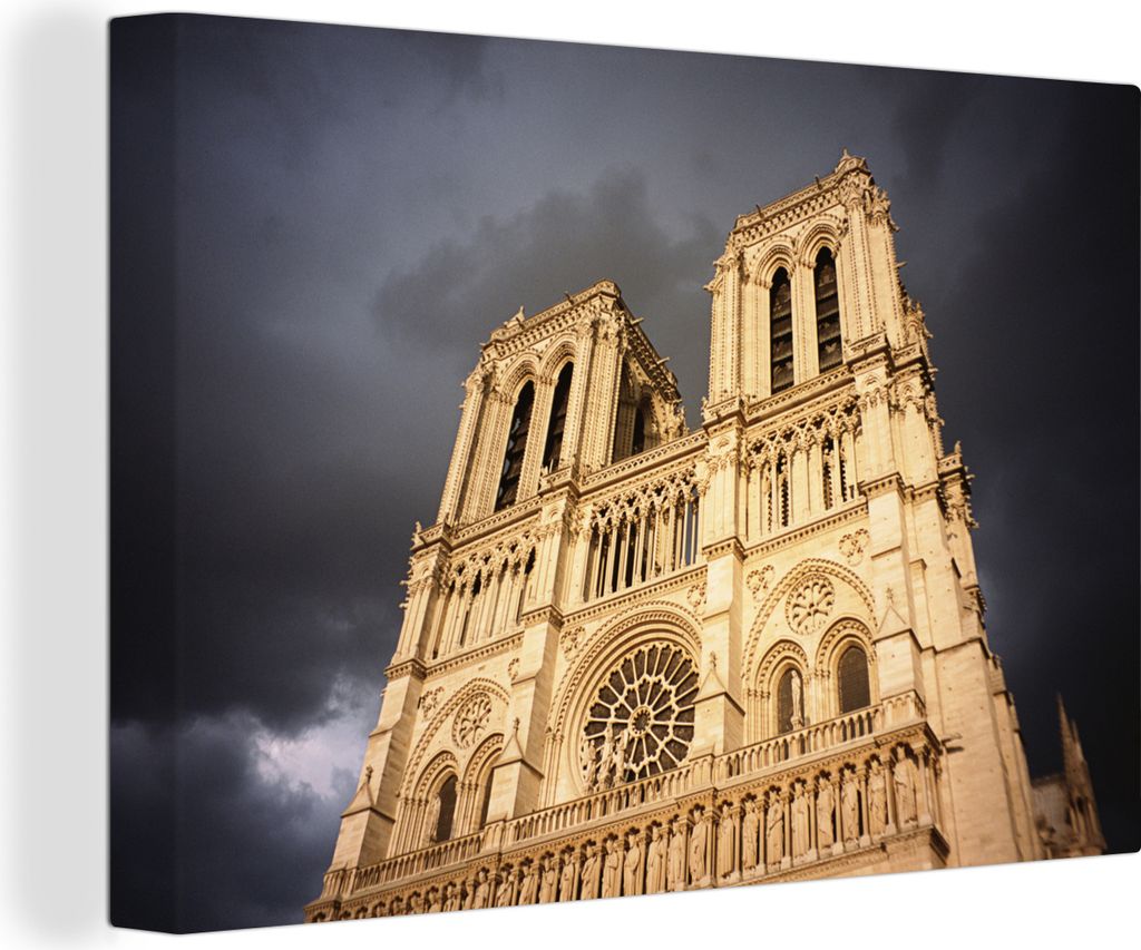 OneMillionCanvasses - Leinwandbilder - 140x90 cm, Dunkle Wolken über Notre Dame in Paris, Wandbilder Kunstdruck Wanddekoration - Foto auf Leinwa...