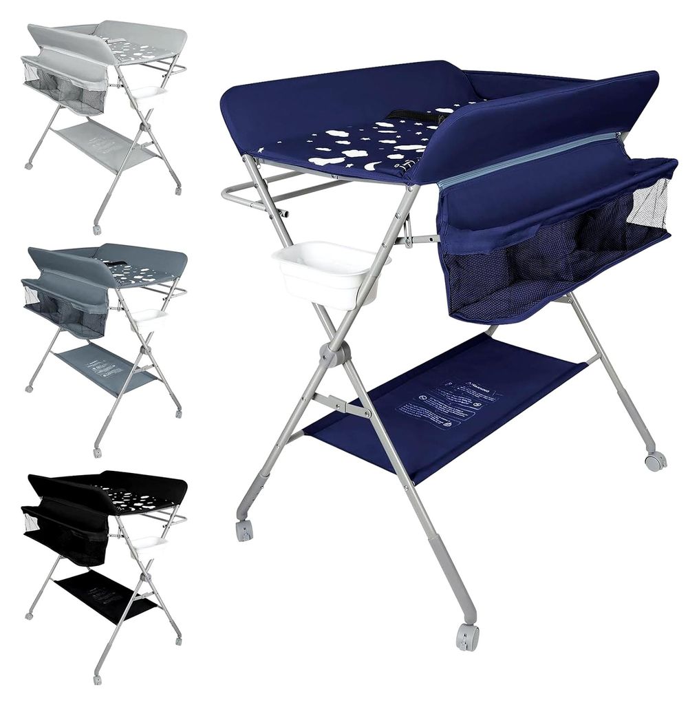 Wickeltisch faltbar, Wickelkommode für Babys, Wickeltisch mit Ablagen, Stauraum + Sicherheitsverschluss, Wolkenmotiv (B, Marineblau)