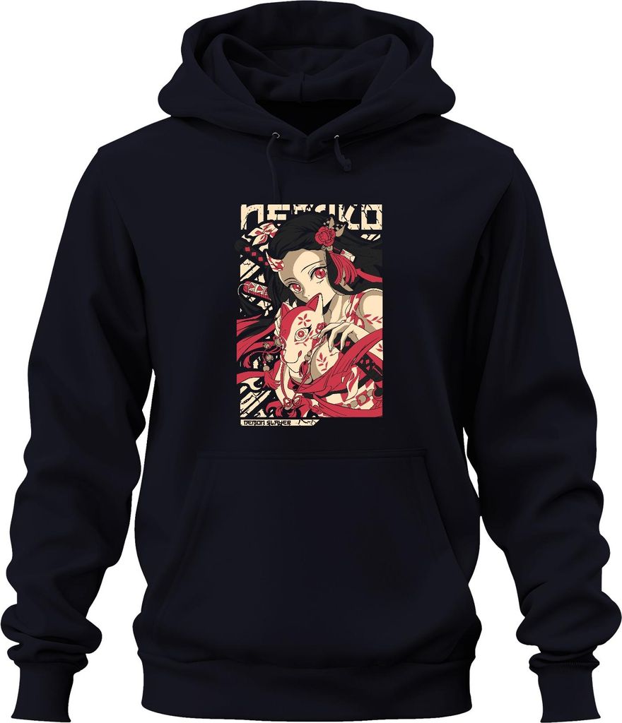 Demon Slayer Nezuko Kitsune Maske Anime Geschenk Japan Y2K Streetwear Manga Uni Hoodie Kapuzenpullover, Navy, XL