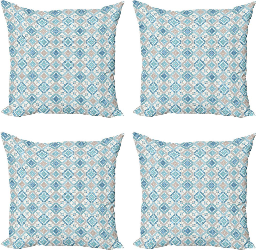 ABAKUHAUS Quatrefoil Kissenbezug Set (4 Stück), Tangled Moderne Fliesen, Moderner Doppelseitiger Digitaldruck, 50 cm x 50 cm, Blau Tan Weiß