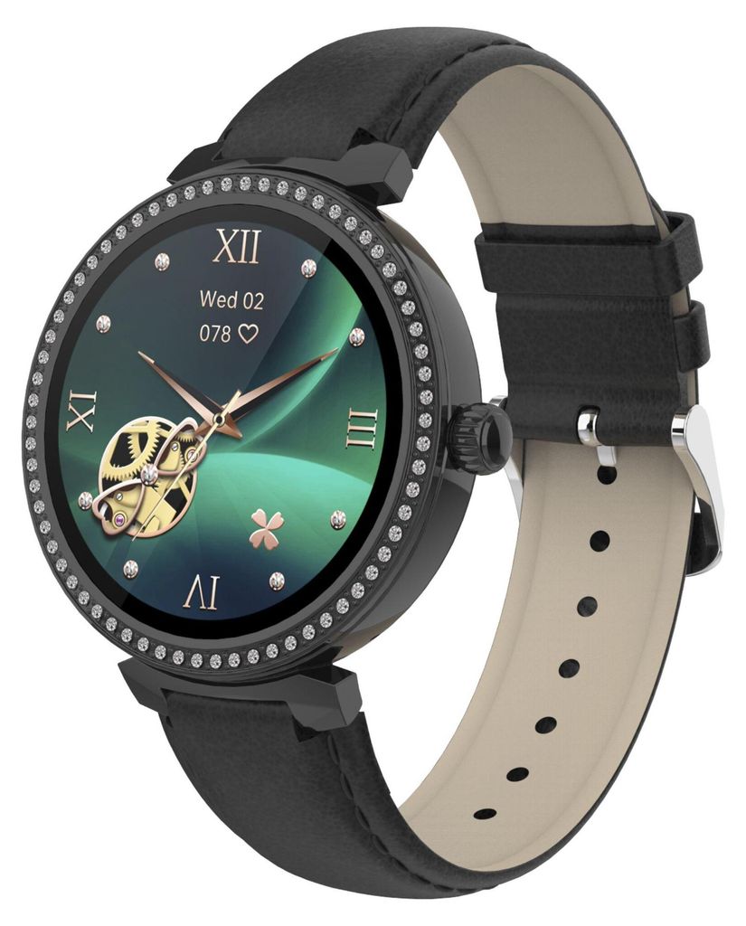 A close-up studio shot of a smartwatch with a black leather strap and a green watch face.