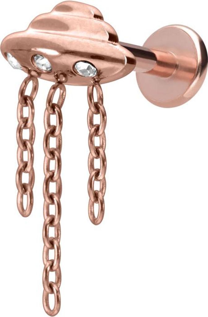 Ohrpiercing, Nasenpiercing Titan Labret mit Innengewinde UFO + KETTE + KRISTALLE RoséGold Stablänge: 10mm | Stabstärke: 1,6mm