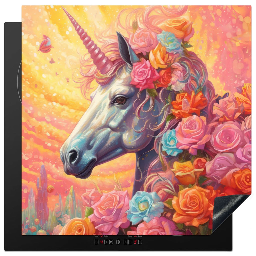 KitchenYeah Herdabdeckplatte Einhorn - Rosen - Einhorn - Blumen , 78x78cm, Küche Deko, Glaskeramikkochfeld Herdabdeckung, Abdeckplatte fùr Koch...