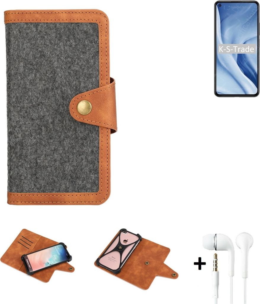 K-S-Trade Handyhülle + Kopfhörer kompatibel mit Xiaomi 11 Lite 5G NE Schutzhülle Filzhülle Kunstleder dunkelgrau braun (1x)