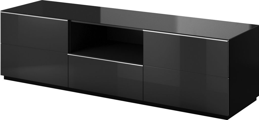 Furniture24 Fernsehschrank Helio 40 Tv-Schrank 180X50X48 Cm Lowboard 2 Klappen 1 Schublade Schwarz/Schwarzes Glass