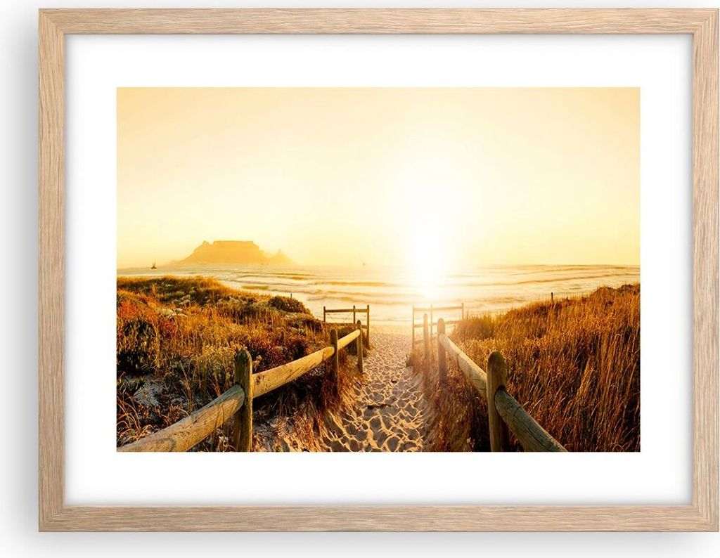 Gerahmtes Poster - Rahmen in heller Eiche - Sonnenaufgang Welle Insel Meer - 40x30 cm - Wand Bild - Wanddeko - Wandbilder - Wandposter - Bilderrahm...