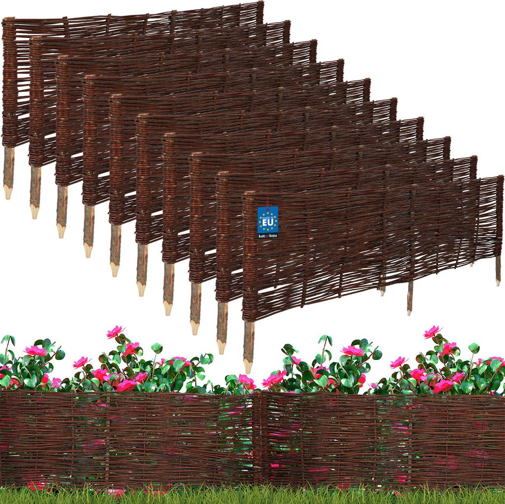 KOTARBAU 10er Set Beeteinfassung 120x40cm Weidezaun Beetumrandung aus Weide Beet Zaun Mini Steckzaun Abgrenzung für Blumen- & Kräuterbeet Weide...