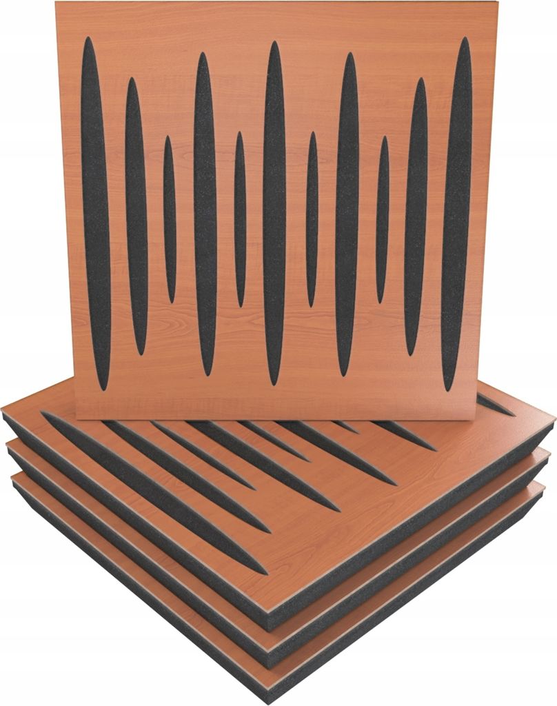 4 Stück AKUSTIK-WANDPANEELE mit Montageset | "PULSAR" 50x50x5cm | Absorption und Diffusion | Farbe: Kirschbaum