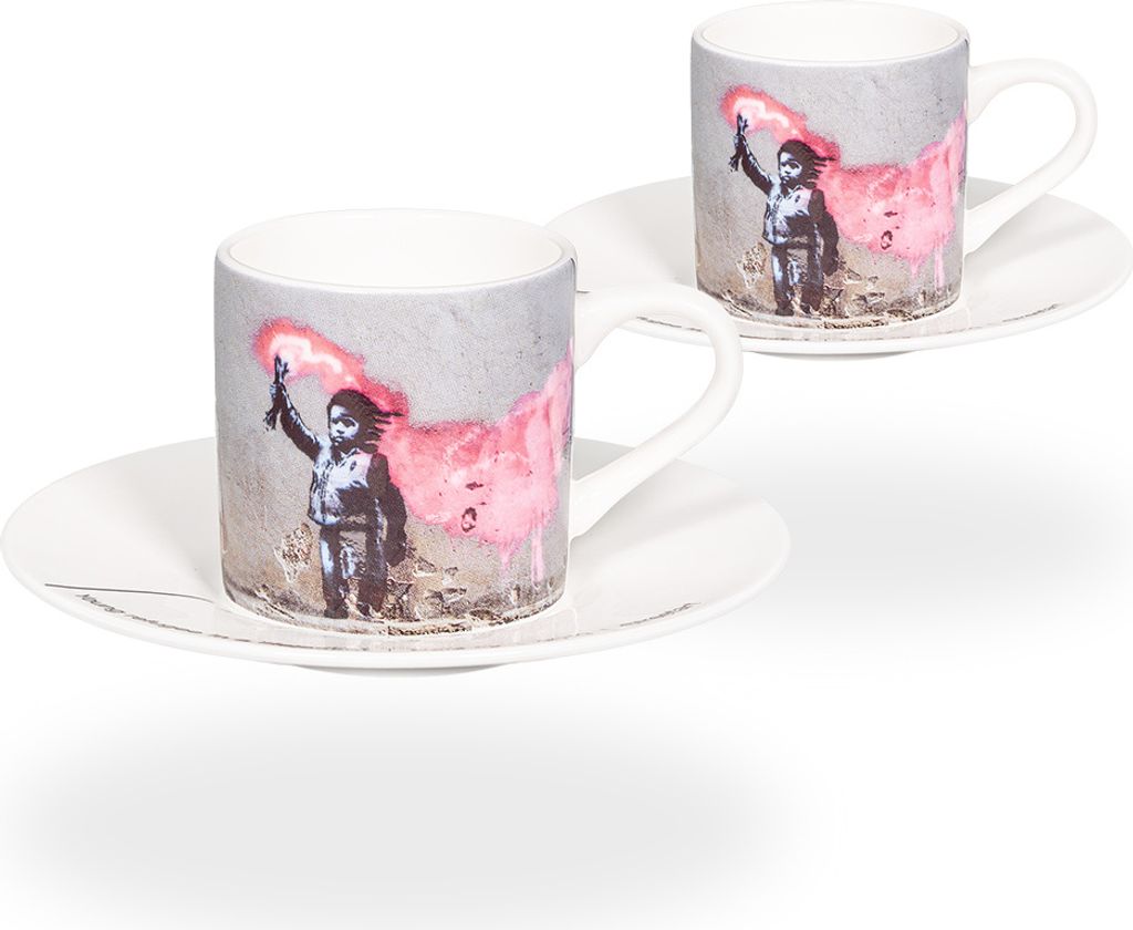 tea4chill Könitz Espresso Tassen Set Banksy Young refugee. 2 Kaffeetassen 65ml aus Fine Bone China Porzellan. Espressotassen modern, bunt