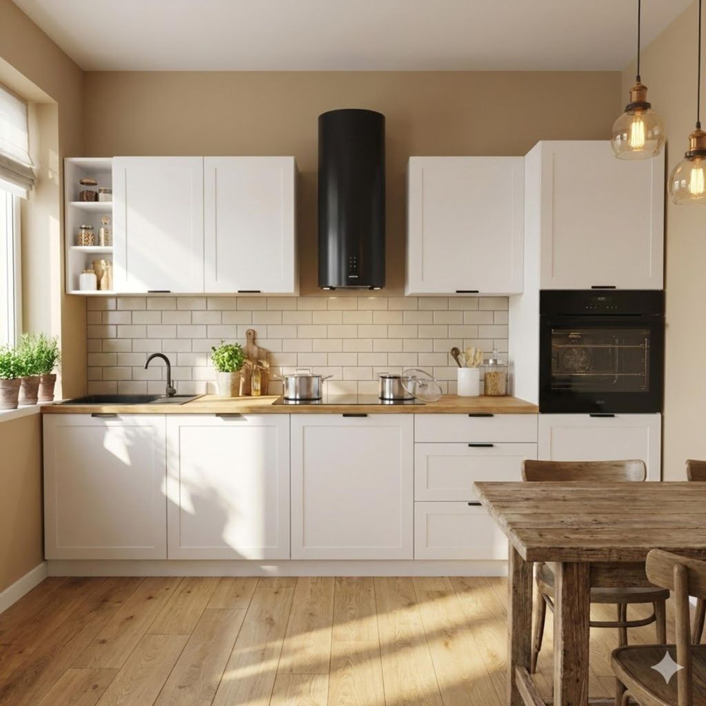 Küchenzeile 300 cm - mit brauner Arbeitsplatte - Weiß Matt - mit Hängeschränke und Unterschränke - mit Soft-Close - Aluminiumgriffe - ADELE