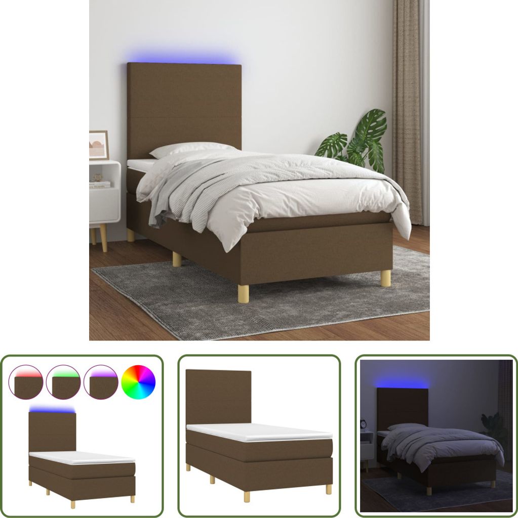 The Living Store Boxspringbett mit Matratze & LED Dunkelbraun 90x200 cm Stoff